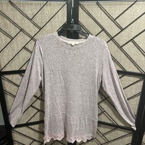 Elegant Heather Gray & Lavender colored Long Sleeve Top with Lace Trim - L